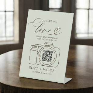 Sage Green Wedding Capture The Love QR Code Pedestal Sign