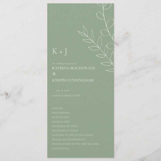 Sage Green Wedding Ceremony Minimalist Elegant  Programme (Front)