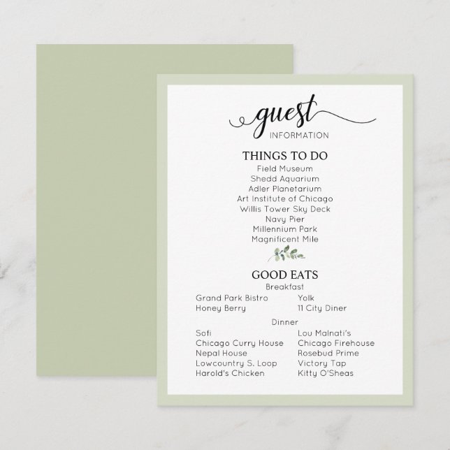 Sage Green Wedding Details Guest Information Enclosure Card (Front/Back)