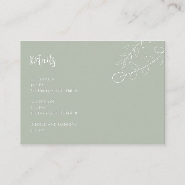 Sage Green Wedding Details Reception Information Enclosure Card (Front)