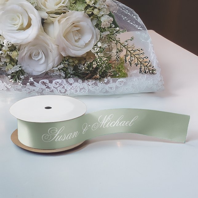 Sage Green Wedding Elegant Script Calligraphy Satin Ribbon (Creator Uploaded)