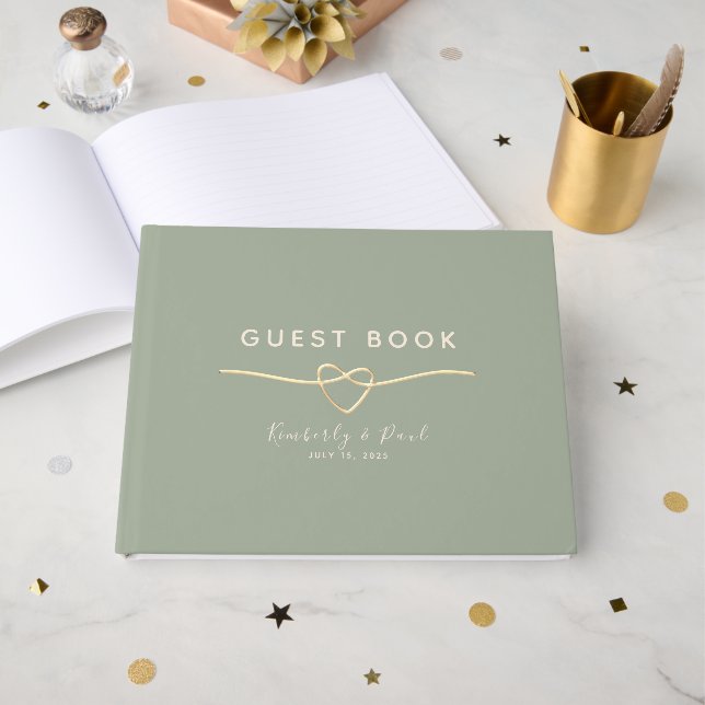 Sage Green Wedding Guest Book with Gold Heart (Front Open)