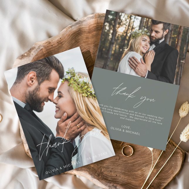 Sage Green Wedding Handwritten Thank You 2 Photos  Card (Creator Uploaded)