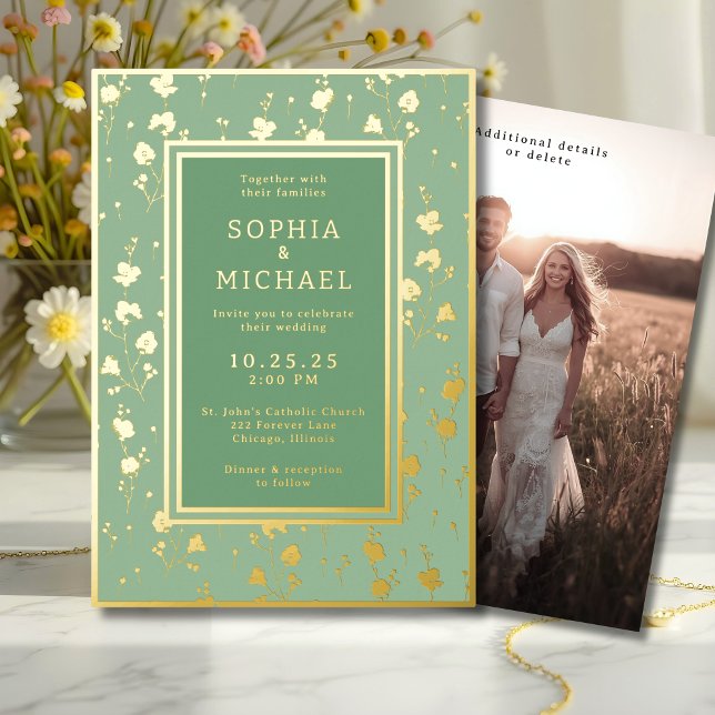 Sage Green Wedding Invitation Foil Floral Template (Creator Uploaded)