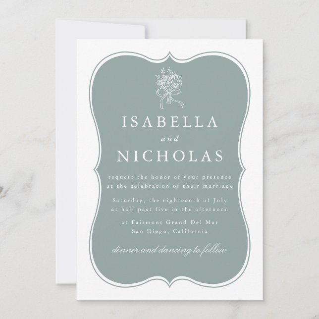 Sage Green Wedding Invitation with Decorative Fram (Front)