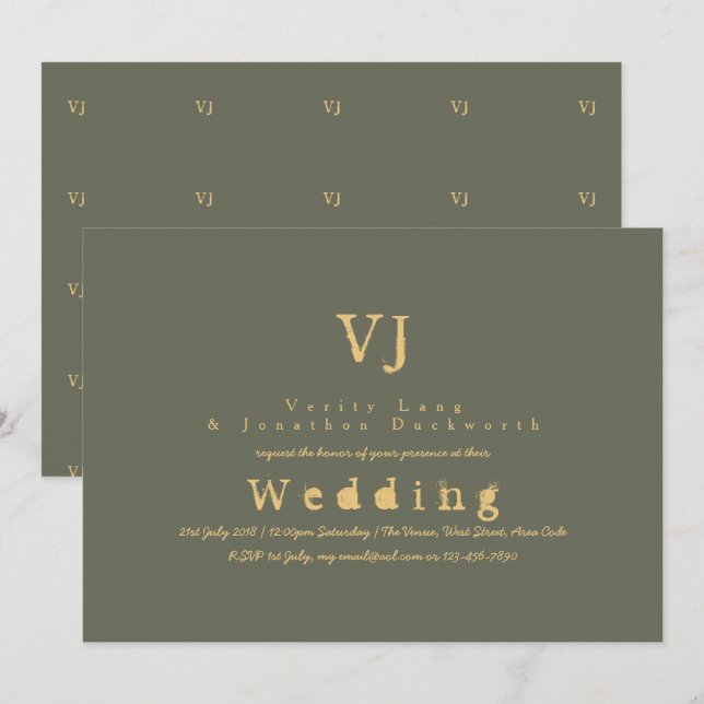 Sage Green Wedding Invitations Gold Ink Typwriter (Front/Back)