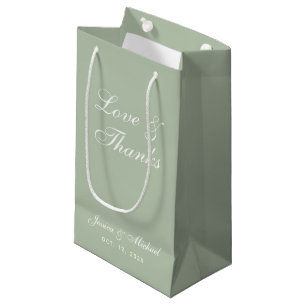 Sage Green Wedding Love & Thanks Script Simple  Small Gift Bag