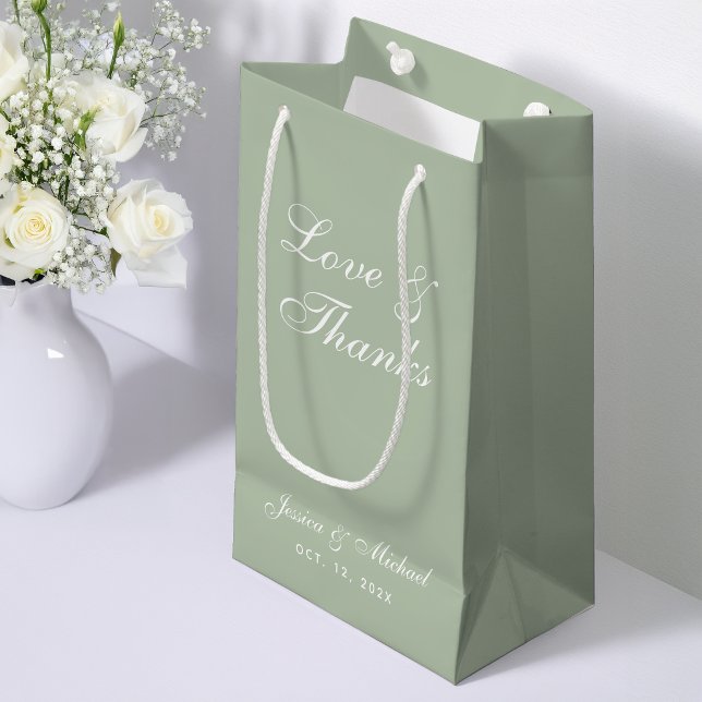 Sage Green Wedding Love & Thanks Script Simple  Small Gift Bag (Creator Uploaded)
