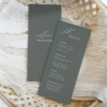 Sage Green Wedding Menu with Guest Name and Script<br><div class="desc">Elevate your wedding tablescape with our Sage Green Boho Modern Wedding Menu. Featuring elegant calligraphy fonts on a soothing sage green background, this dual-purpose menu serves not only as a guide to your culinary delights but also personalizes each guest's seating with their name beautifully scripted on the reverse side. No...</div>