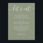 Sage Green Wedding | Minimalist Script Modern Menu<br><div class="desc">This wedding menu card features a clean, modern layout paired with a soft sage green background, creating a refined and inviting look for your reception tables. The combination of delicate script and structured typography adds a subtle contrast, making each section easy to read while still feeling elegant and cohesive. Perfect...</div>