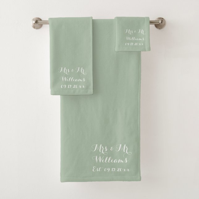 Sage Green Wedding Modern Elegant Rustic Boho Bath Towel Set (Insitu)