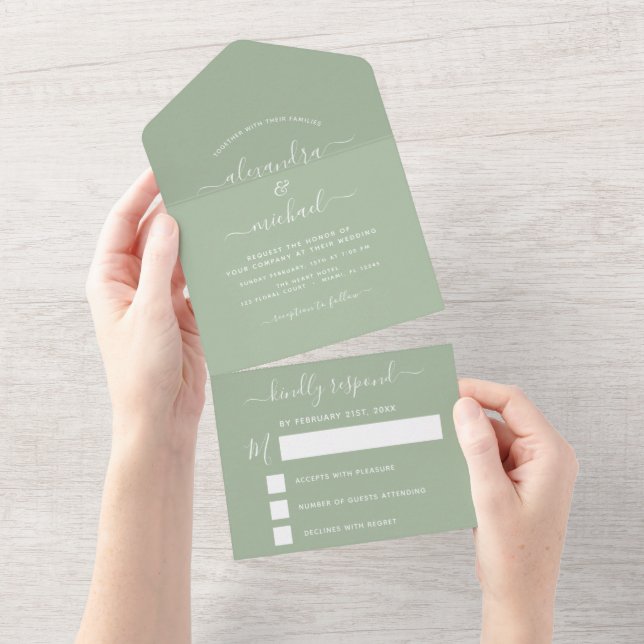 Sage Green Wedding Modern Typography RSVP All In One Invitation (Tearaway)