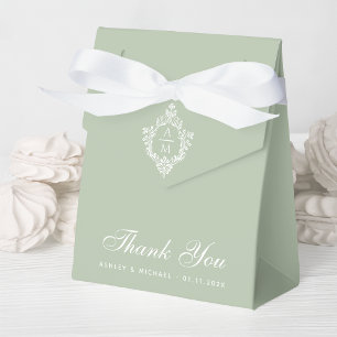 Sage Green Wedding Monogram Crest Thank You Script Favour Box
