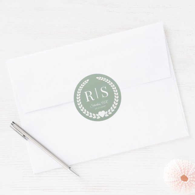 Sage Green Wedding Monogram Initials Classic Round Sticker (Envelope)