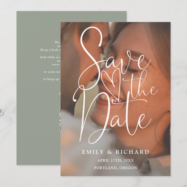 Sage Green Wedding Photo Elegant Script QR Code Save The Date (Front/Back)