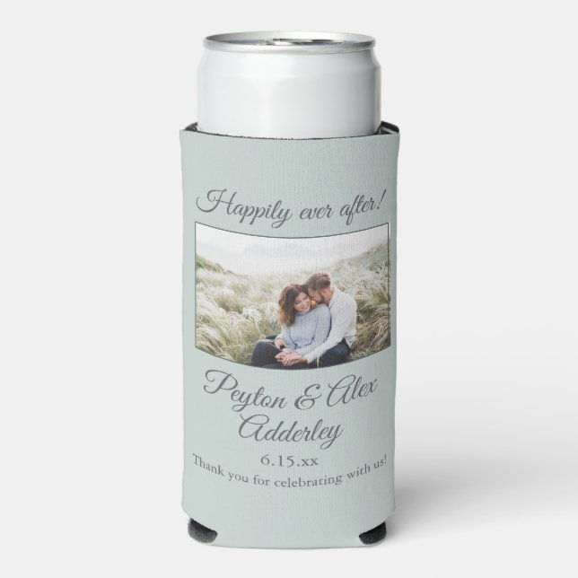 Sage Green Wedding Photo Happily Ever After Seltzer Can Cooler (Seltzer Front)