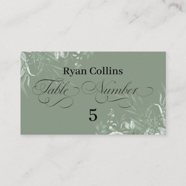 Sage Green Wedding Place Cards | Elegant Greenery  (Front)
