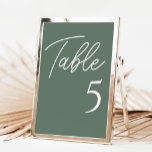 Sage Green Wedding Reception Table Number<br><div class="desc">Modern table numbers elevate your wedding reception table décor. The design features an elegant script font in white on a sage green earth tone background perfect for a fall wedding or banquet event. Order each table number from the collection or edit this card for each number needed. The design is...</div>