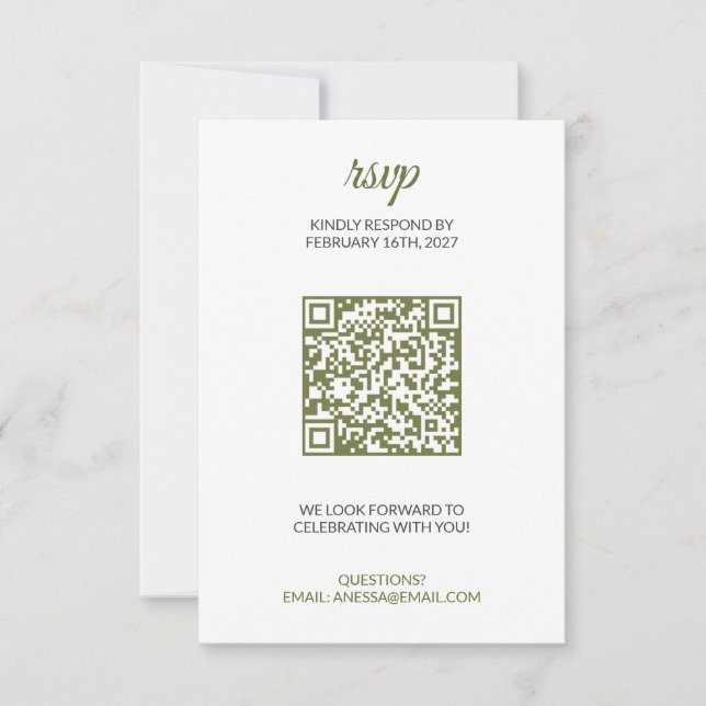 Sage Green Wedding RSVP with QR Code Card (Front)