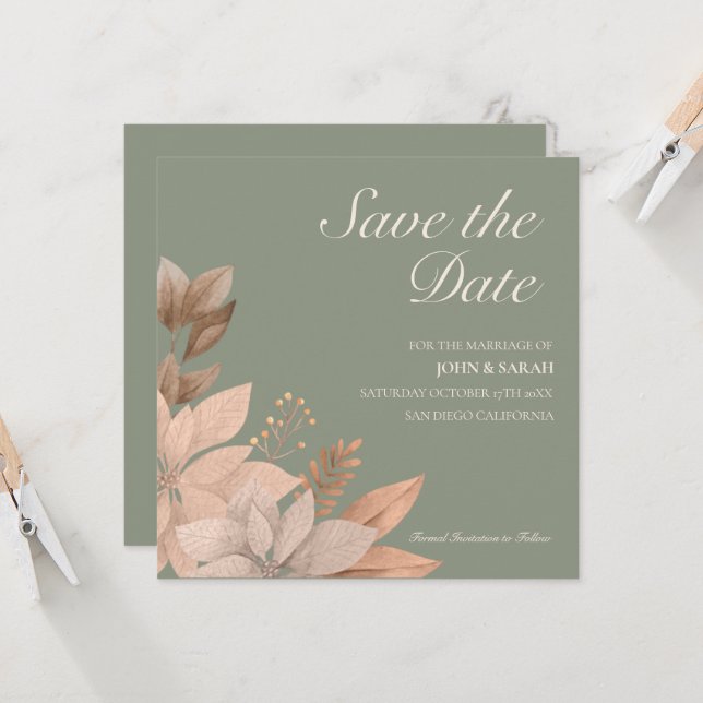 Sage Green Wedding Save the Date Invitation (Front/Back In Situ)