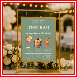 Sage Green Wedding Signature Drinks Bar Menu Poster