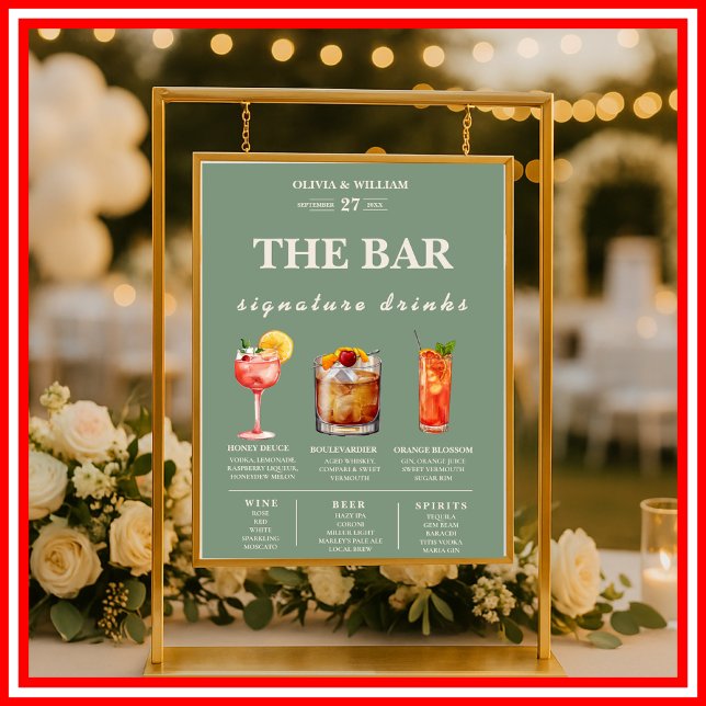 Sage Green Wedding Signature Drinks Bar Menu  Poster (Creator Uploaded)