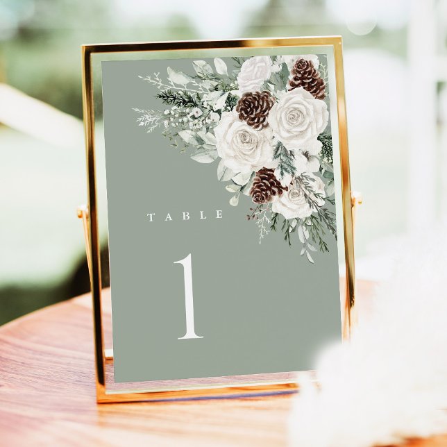 Sage Green Wedding Table Number Winter Floral Pine (Sage Green Winter Floral Wedding Table Numbers, Pinecone White Rose Reception Table Number Sign)