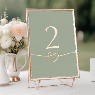 Sage Green Wedding Table Number with Heart