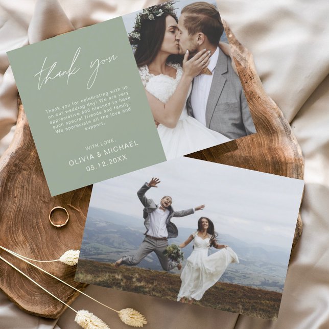 Sage Green Wedding Thank You Photo Minimalist Card (Creator Uploaded)