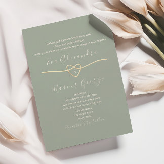 Sage Green Wedding with Gold Rope Heart Invitation