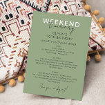 Sage Green Weekend Birthday Itinerary Invitation<br><div class="desc">Sage Green Modern Calligraphic Weekend schedule timeline.
Design features an elegant modern style text layout. To make advanced changes,  please select "Click to customise further" option under Personalise this template.</div>
