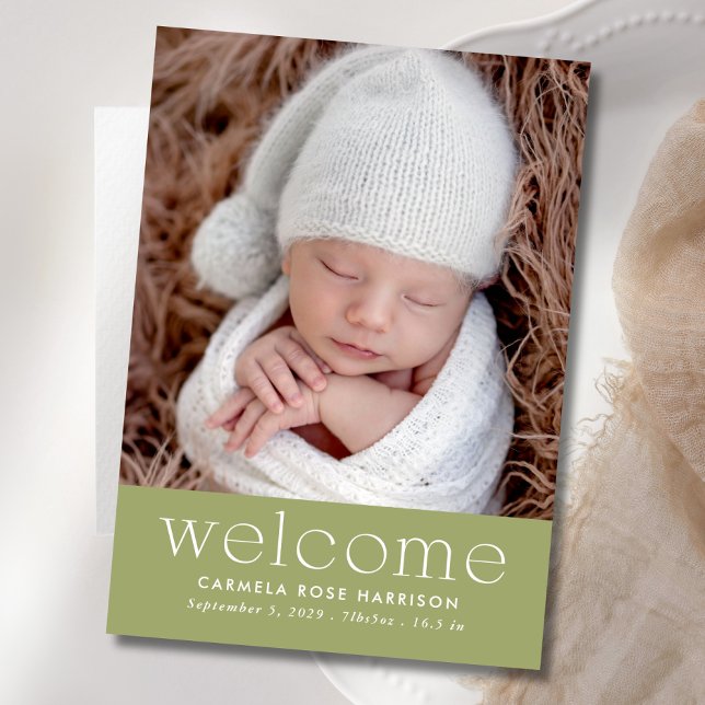 Sage Green Welcome Baby Photo Birth Announcement (Creator Uploaded)