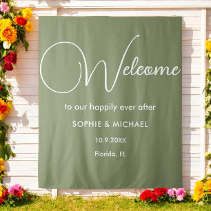 Sage Green Welcome Wedding Photo Prop Backdrop Tapestry