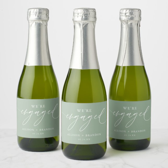 Sage Green We're Engaged Engagement Party Favours Sparkling Wine Label (Bottles)