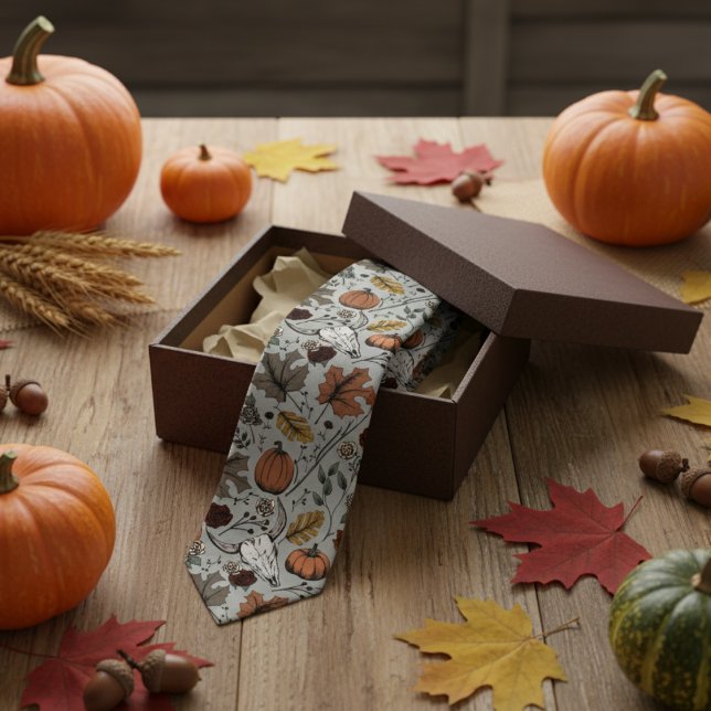Sage Green Western Bull Skull Country Tie (Sage Cow Skull Fall Harvest Thanksgiving Tie for Him. Skull, Burnt Orange Pumpkins, Autumn Leaves)