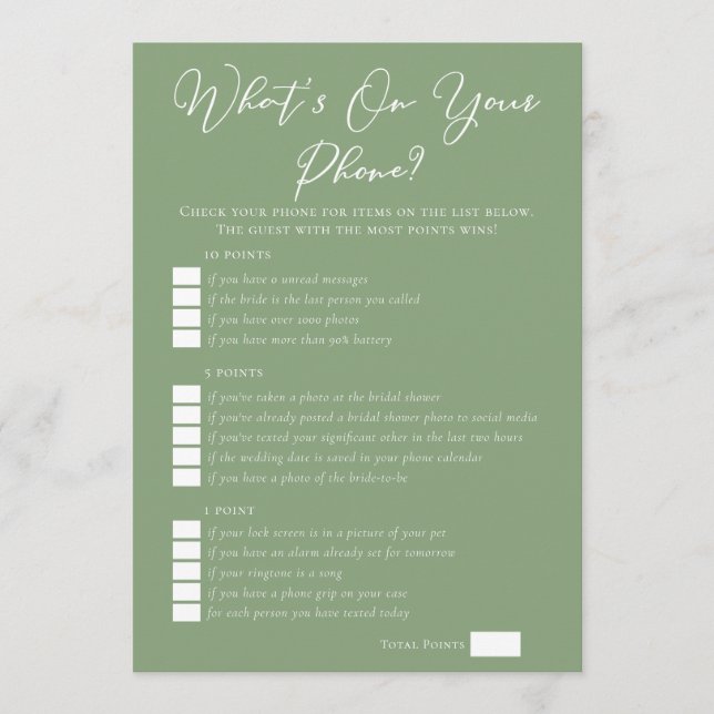 Sage Green What's On Your Phone Bridal Shower Card (Front)