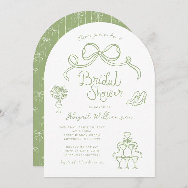Sage Green Whimsical Hand Drawn Bridal Shower Invitation (Front/Back)
