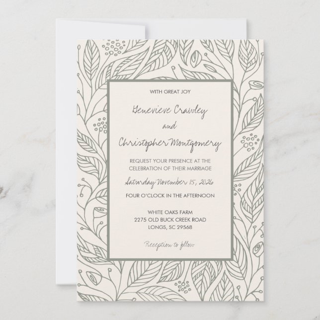 Sage Green Whimsy Hand Drawn Foliage Wedding  Invitation (Front)