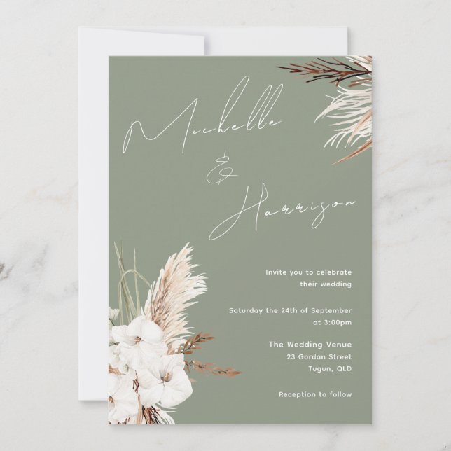 Sage Green White Boho Floral Modern Wedding Invitation (Front)