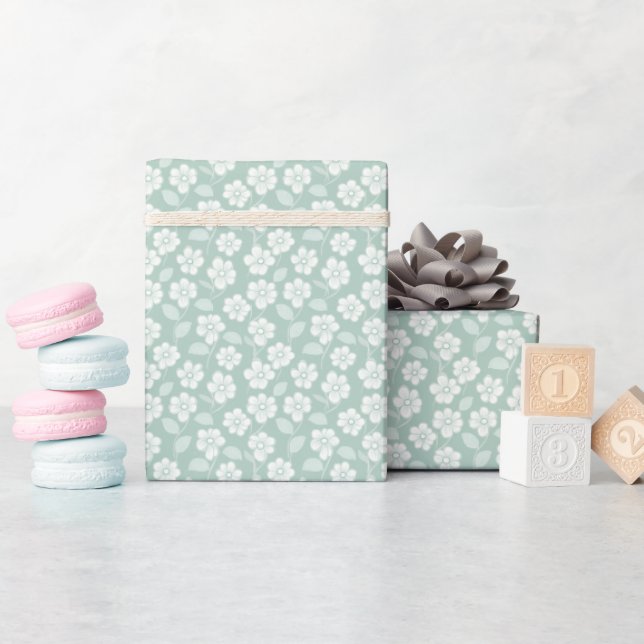 Sage Green White Boho Florals Baby Shower Birthday Wrapping Paper (Baby Shower)