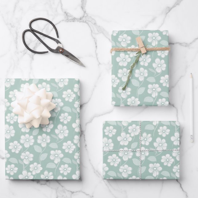 Sage Green White Boho Florals Baby Shower Birthday Wrapping Paper Sheet (Front)