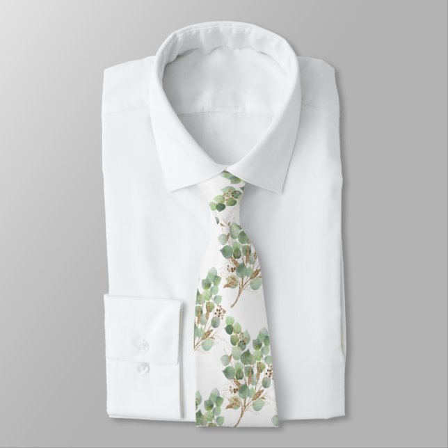 SAGE GREEN WHITE BOTANICAL MENS TIE (Tied)