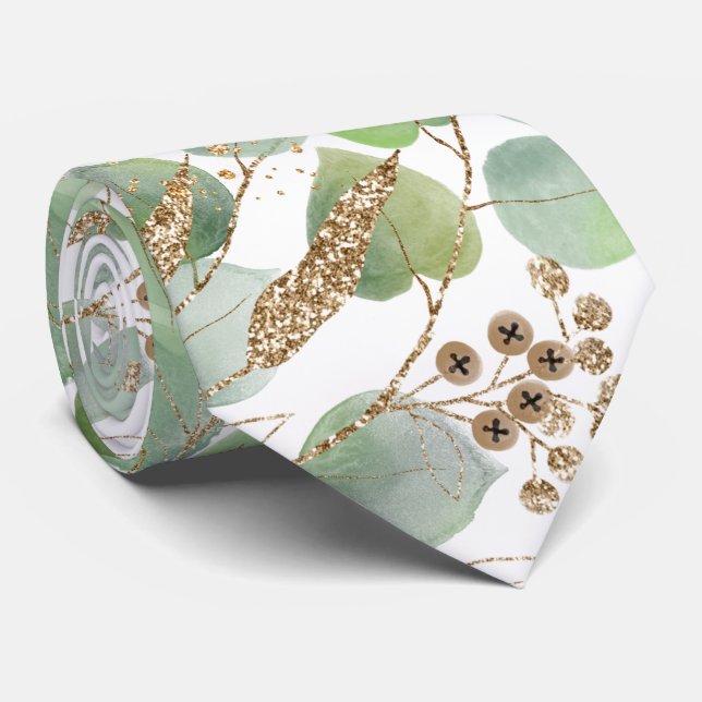 SAGE GREEN WHITE BOTANICAL MENS TIE (Rolled)