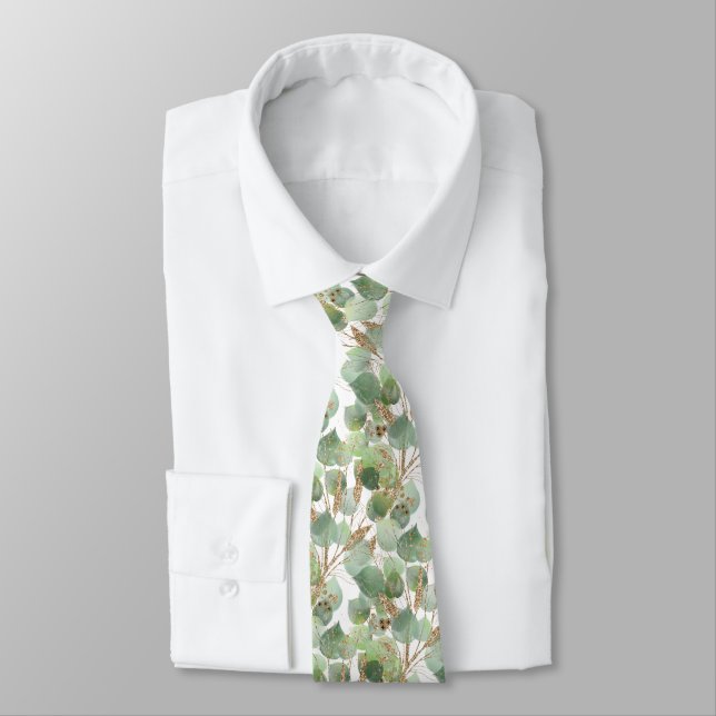 SAGE GREEN WHITE BOTANICAL MENS TIE (Tied)