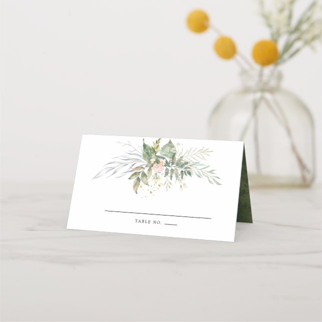 Sage Green White Botanical Wedding Place Card (Front)