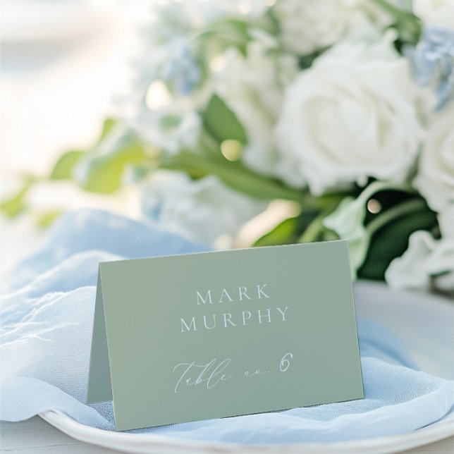 Sage Green & White Calligraphy Wedding Place Card (Sage Green & White Wedding Place Card - Adjust name placement with a space at the beginning)
