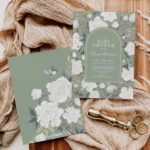 Sage Green White Chinoiserie Floral Baby Shower Invitation