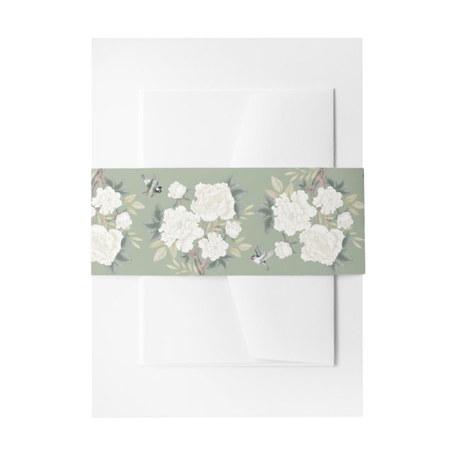 Sage Green White Chinoiserie Floral Wedding Invitation Belly Band (Front Example)