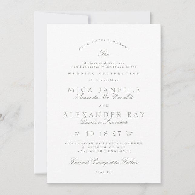 Sage Green White Classic Elegant Formal Wedding Invitation (Front)