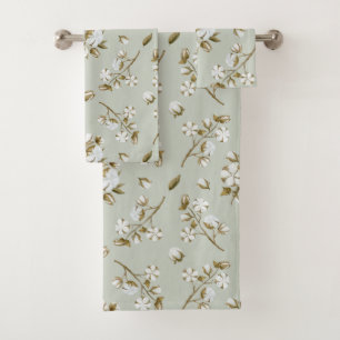 Sage Green & White Cotton Boll Stem Watercolour Bath Towel Set